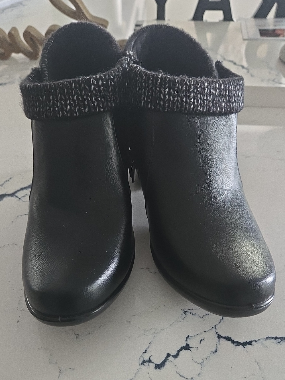Jasmine Black Faux-Leather Knit-Cuff Ankle Booties